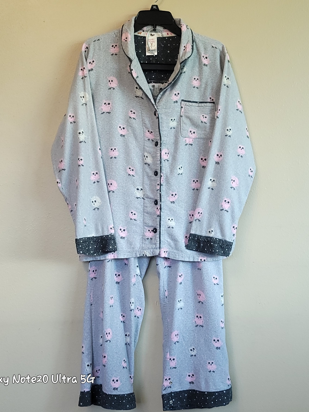 Munki Munki Owl Print Flannel Pajama Set Grey Pink Size M